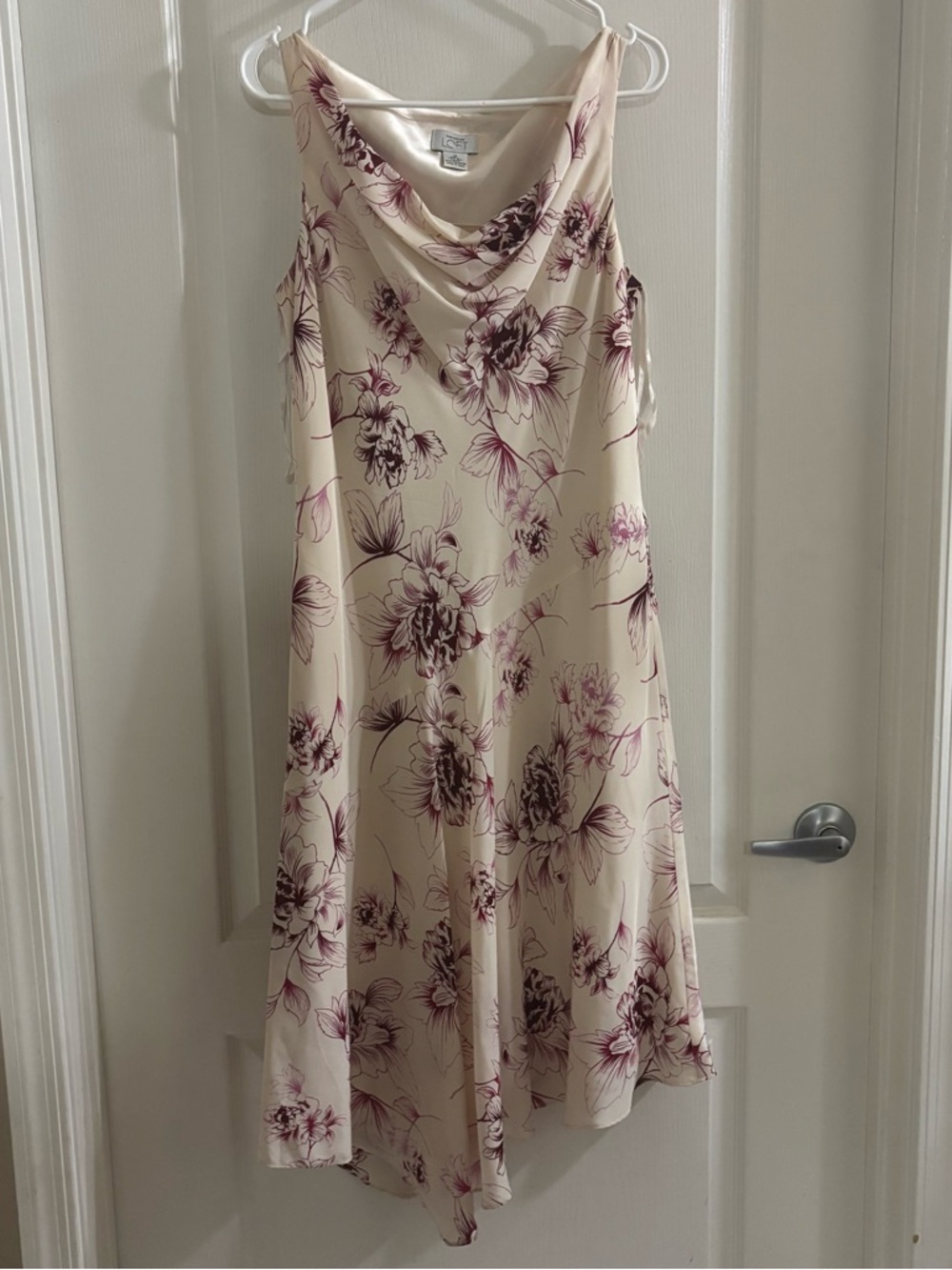 LOFT Cream Midi Silk Slip Dress with Plum Floral Pattern